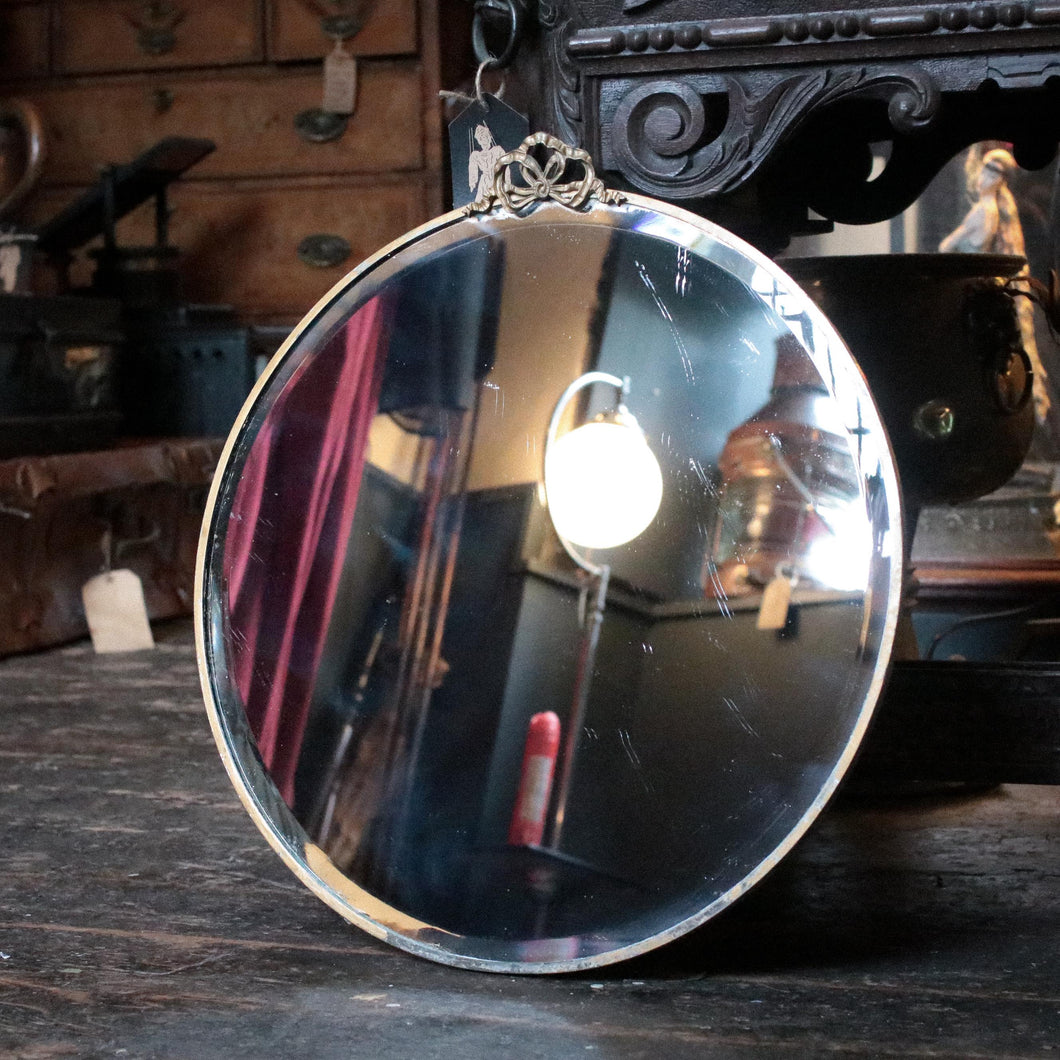 Large Round Ribbon-Bow Wall Mirror — Bevelled Glass, Chain Back — c.1900–30 — 45.5 cm Diameter