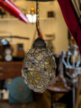 Load image into Gallery viewer, C.1940 Vintage Mosaic Chunk Stained Glass Pendant Light With Floral Medallions — Rewired
