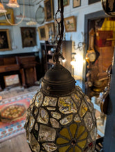 Load image into Gallery viewer, C.1940 Vintage Mosaic Chunk Stained Glass Pendant Light With Floral Medallions — Rewired
