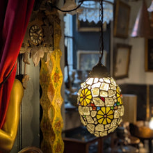 Load image into Gallery viewer, C.1940 Vintage Mosaic Chunk Stained Glass Pendant Light With Floral Medallions — Rewired
