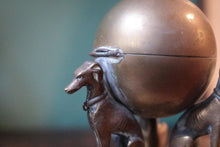 Load image into Gallery viewer, Antique Greyhound Figural Globe Inkwell With Porcelain Liner – Bronze Finish Desk Piece, C. 1910s–20s – 4.5" High (11.5 cm)

