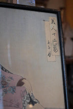 Load image into Gallery viewer, Migita Toshihide – “Beauties of the Twelve Months” (Bijin-ga), Seated Woman in Pink Kimono, Signed &amp; Sealed, Framed – 33 x 22.5 cm
