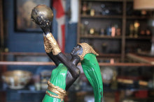 Load image into Gallery viewer, 1920s Art Deco Bronze Figure – Dancing Lady Holding Globe – Cold-Painted in Green and Gold – 51 cm
