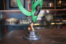 Load image into Gallery viewer, 1920s Art Deco Bronze Figure – Dancing Lady Holding Globe – Cold-Painted in Green and Gold – 51 cm
