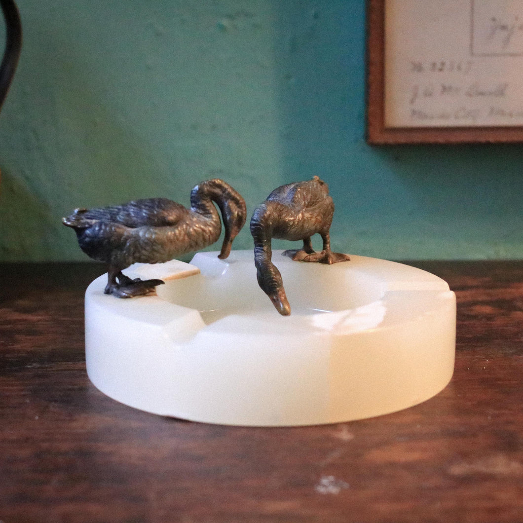 Art Deco Bronze Ducks On Alabaster Ashtray, French c.1930 – 8.5