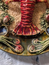 Load image into Gallery viewer, Antique-Style Majolica Lobster Wall Plate, Hand Painted Relief Seafood Charger With Mussels And Seaweed, 23cm (9in) Diameter
