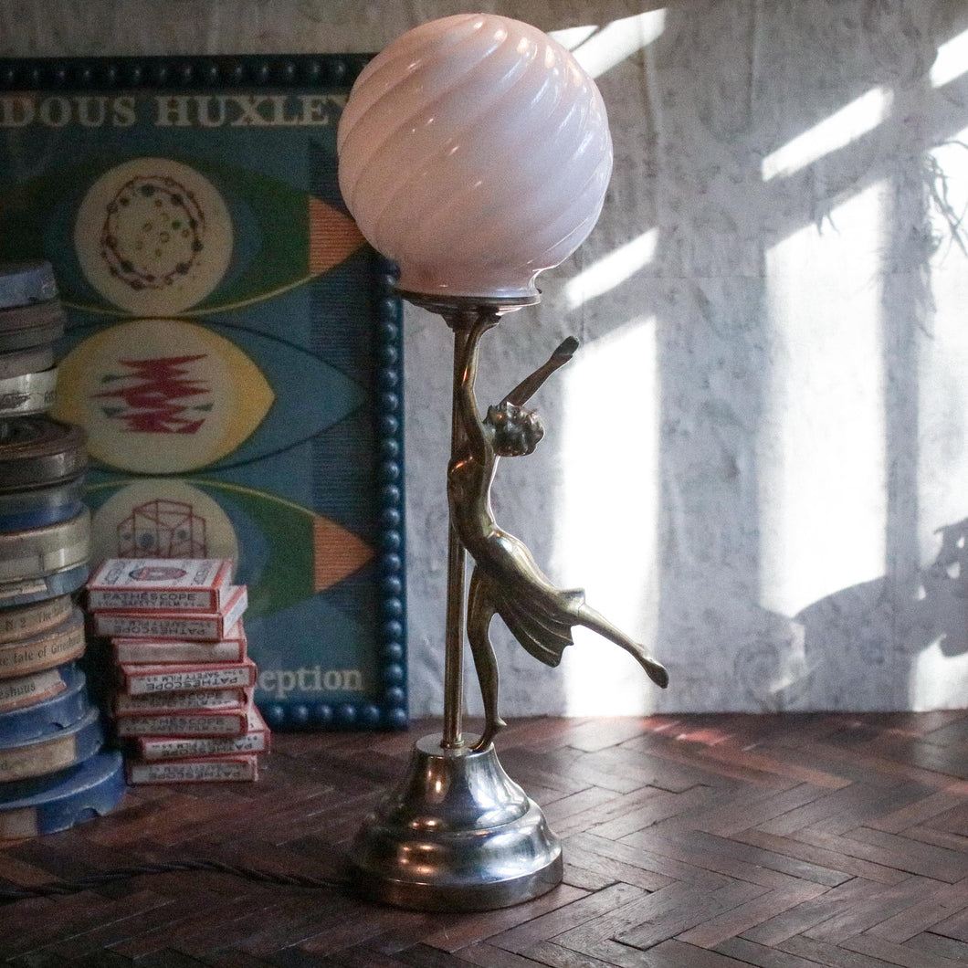 Vintage Art Deco Style Bronze Dancer Lamp with Swirled Opaline Globe Shade – Rewired