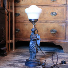 Load image into Gallery viewer, Early 20th.C Rewired Neoclassical Figure Lamp With Lyre &amp; Opaline Shade — Bronze-Tone Spelter On Round Base — 59 cm (23.25 in) Tall
