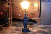 Load image into Gallery viewer, Early 20th.C Rewired Neoclassical Figure Lamp With Lyre &amp; Opaline Shade — Bronze-Tone Spelter On Round Base — 59 cm (23.25 in) Tall
