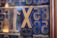 Load image into Gallery viewer, Framed Antique Printers’ Woodblock Type – Letterpress Blocks Under Glass, 32.5 × 52.5 cm
