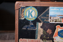 Load image into Gallery viewer, Vintage Stickered Travel Suitcase – Swedish American Line, Trans-Canada Air Lines &amp; Hotel Labels – 1930s–50s – 55 × 16 × 34 cm

