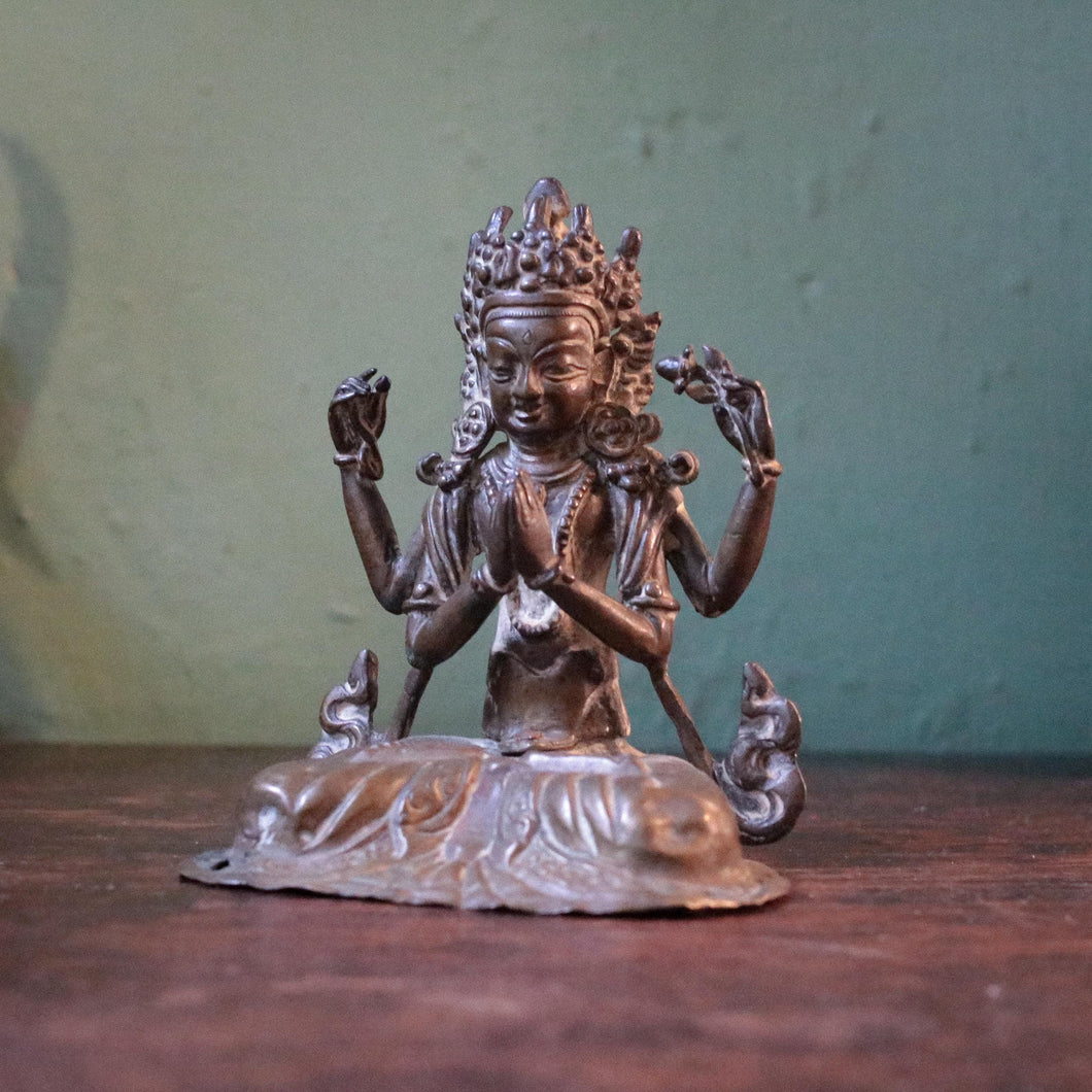 Small Antique Bronze Four-Armed Avalokiteśvara (Shadakshari / Chenrezig) — Consecration Cavity —  Esrly 20th Century — Approx. 12.5 cm High