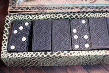 Load image into Gallery viewer, Vintage Embossed Domino Set — Complete 28 — Original Faux-Reptile Box — c.1900–1930s
