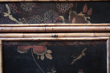 Load image into Gallery viewer, Victorian Aesthetic Bamboo Cabinet With Japanned Panels &amp; Verre Églomisé Drop-Front — Buttoned Purple Interior — 43 × 31 × 77 cm
