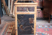 Load image into Gallery viewer, Victorian Aesthetic Bamboo Cabinet With Japanned Panels &amp; Verre Églomisé Drop-Front — Buttoned Purple Interior — 43 × 31 × 77 cm
