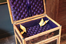 Load image into Gallery viewer, Victorian Aesthetic Bamboo Cabinet With Japanned Panels &amp; Verre Églomisé Drop-Front — Buttoned Purple Interior — 43 × 31 × 77 cm
