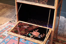 Load image into Gallery viewer, Victorian Aesthetic Bamboo Cabinet With Japanned Panels &amp; Verre Églomisé Drop-Front — Buttoned Purple Interior — 43 × 31 × 77 cm
