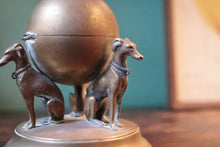 Load image into Gallery viewer, Antique Greyhound Figural Globe Inkwell With Porcelain Liner – Bronze Finish Desk Piece, C. 1910s–20s – 4.5" High (11.5 cm)
