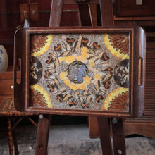 Load image into Gallery viewer, Mid-Century Brazilian Butterfly-Wing Tray With Inlaid Wood Border – Galeria Brasil, Santos – Kaleidoscopic Specimen Art, c. 1940s–60s
