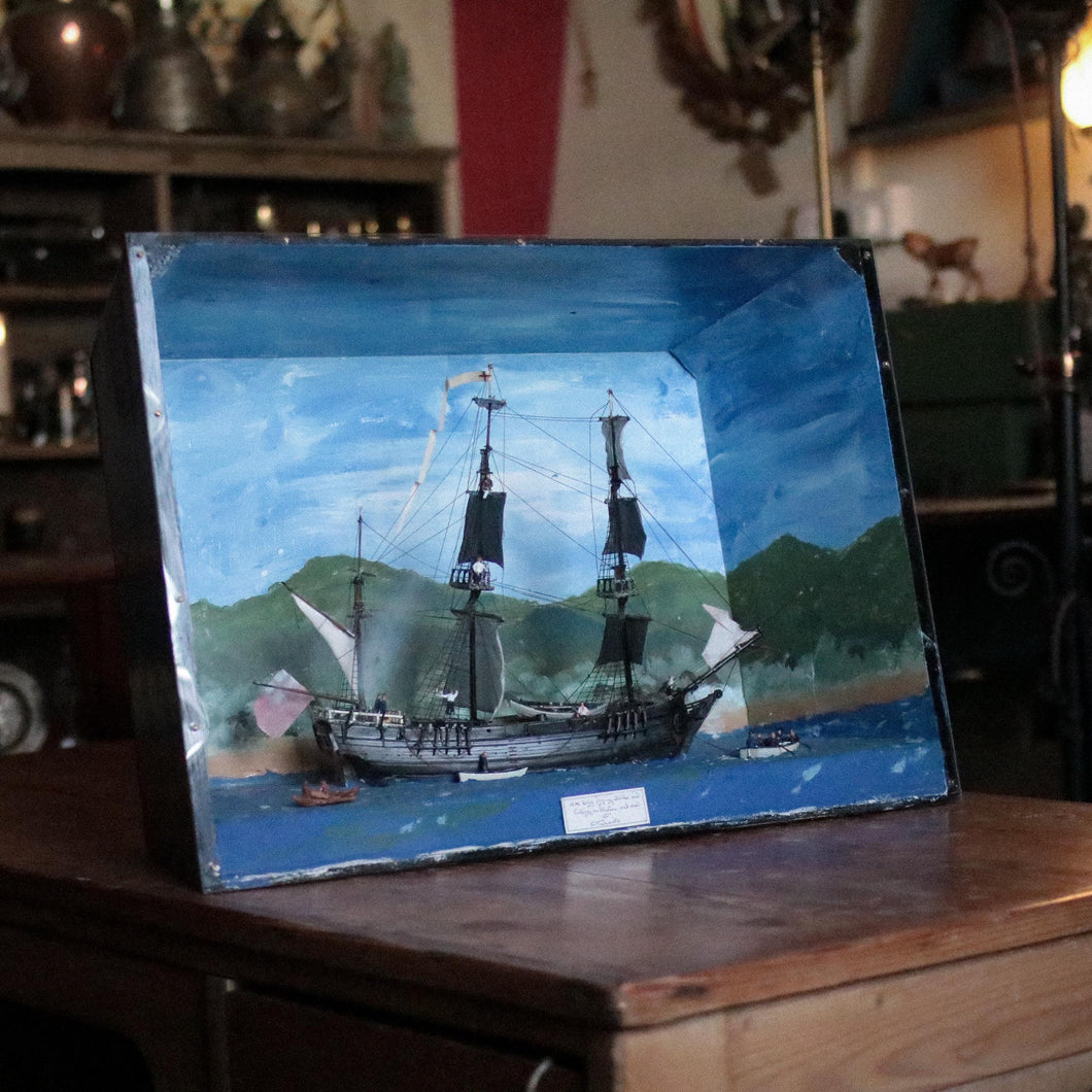 Vintage Folk Art Ship Diorama “H.M. Brig” Careening at Otaheite (Tahiti) – Painted Shadow Box, Mixed-Media Model – 22 x 39 x 55cm