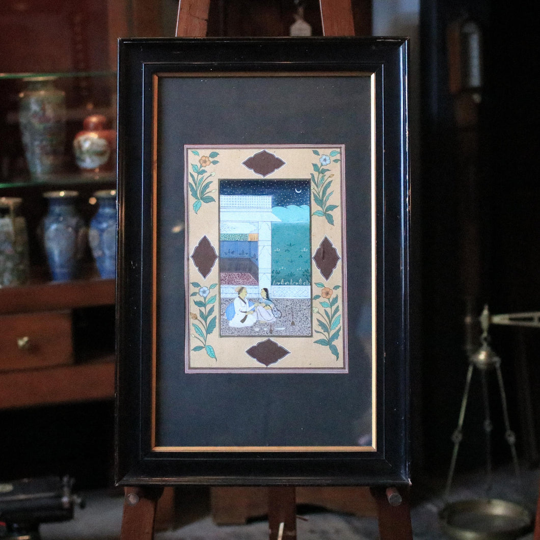 Vintage Framed Indian Miniature Painting On Paper – Lovers In A Courtyard Under Crescent Moon, Floral Border, Ebonised Frame - 40 x 61cm