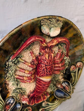Load image into Gallery viewer, Antique-Style Majolica Lobster Wall Plate, Hand Painted Relief Seafood Charger With Mussels And Seaweed, 23cm (9in) Diameter
