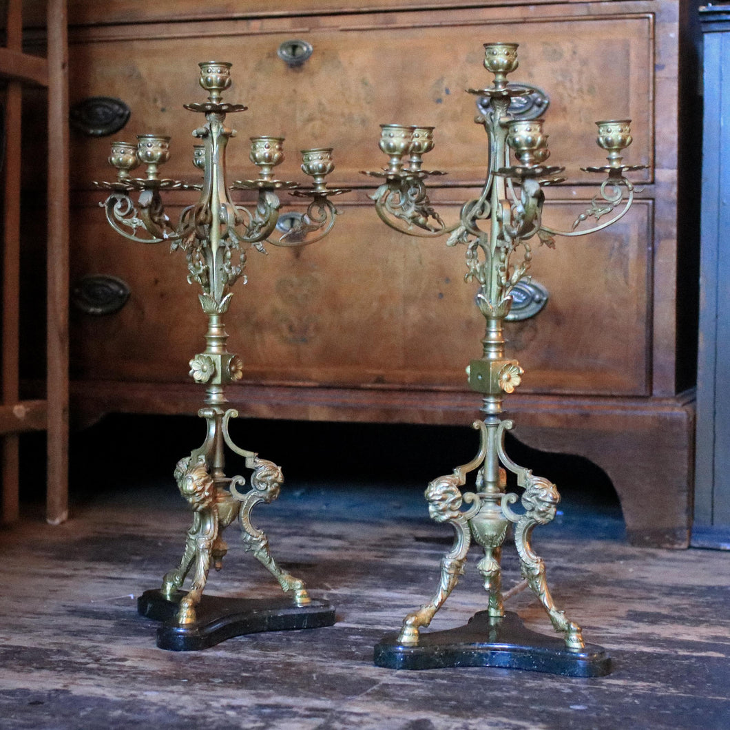 Pair Of Tall Antique  Five-Light Gilt Brass Candelabra On Ebonised Tripod Bases — Ram-Head & Foliate Scrollwork — 51.5 cm (20.3 in)