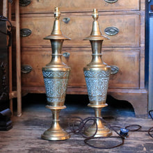 Load image into Gallery viewer, Vintage Tall Engraved Brass Table Lamps – Professionally Rewired, Braided Cable, UK Plug – 62cm Pair
