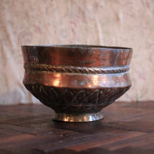 Load image into Gallery viewer, Antique Hand-Hammered Middle Eastern Copper Bowl With Tinned Interior And Geometric Decoration – 11 x 17cm
