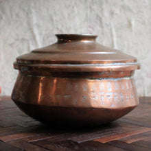 Load image into Gallery viewer, Antique Hand-Engraved Copper Lidded Pot With Tinned Interior, Indian Folk Craft - 20 cm dia
