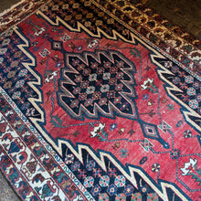 Load image into Gallery viewer, 4'2" x 6'3" - Vintage Tribal Caucasian Hand-Knotted Wool Rug With Animal Border - Red, Navy &amp; Ivory - 128 x 190 cm
