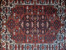 Load image into Gallery viewer, 4'2" x 6'2" - Vintage Middle Eastern Tribal Heriz Hand-Knotted Wool Rug - Brick Red, Ivory &amp; Navy - 128 x 187 cm
