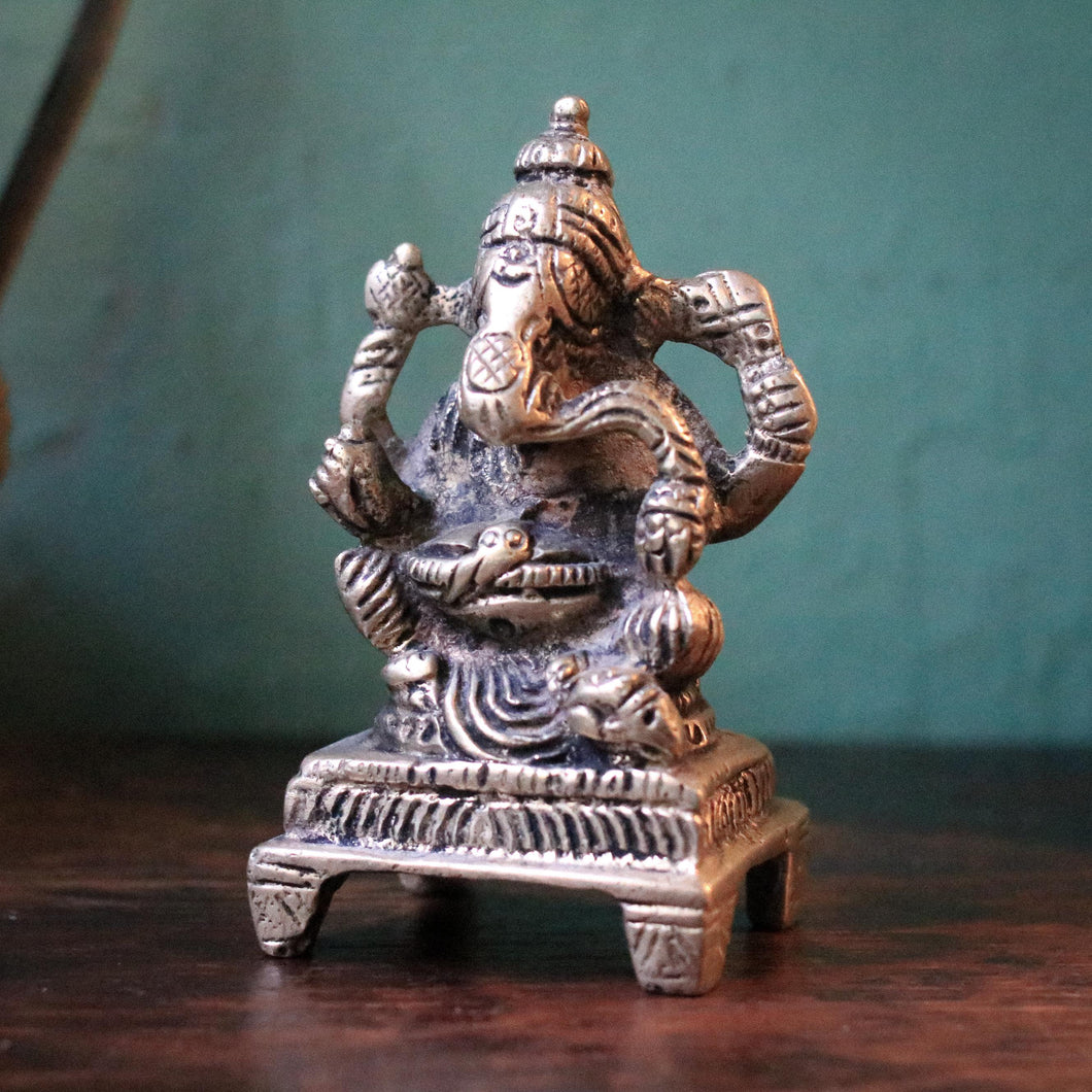 Small Vintage Ganesh Cast Metal Figure On Plinth, Silver Tone Hindu Deity Statue, 7 cm