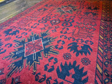 Load image into Gallery viewer, 3'1" x 4'9" - Vintage Afghan Tribal Hand-Knotted Wool Rug - Red &amp; Navy Medallion - 94 x 146 cm
