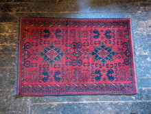Load image into Gallery viewer, 3'1" x 4'9" - Vintage Afghan Tribal Hand-Knotted Wool Rug - Red &amp; Navy Medallion - 94 x 146 cm
