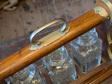 Load image into Gallery viewer, Antique Victorian Oak And Brass Tantalus With Three Cut-Glass Decanters, Working Lock Key - 35 x 33 cm
