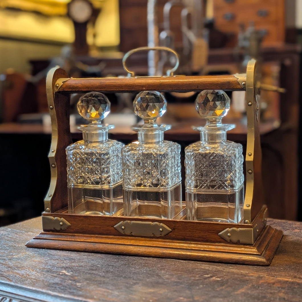 Antique Victorian Oak And Brass Tantalus With Three Cut-Glass Decanters, Working Lock Key - 35 x 33 cm