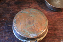 Load image into Gallery viewer, Pair Of Antique Copper Mini Pans With Riveted Handles Rustic Kitchenalia 10cm Diameter
