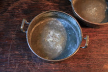 Load image into Gallery viewer, Pair Of Antique Copper Mini Pans With Riveted Handles Rustic Kitchenalia 10cm Diameter

