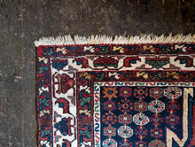 Load image into Gallery viewer, 4'2" x 6'3" - Vintage Tribal Caucasian Hand-Knotted Wool Rug With Animal Border - Red, Navy &amp; Ivory - 128 x 190 cm

