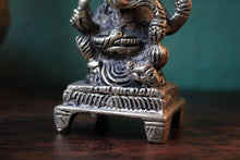 Load image into Gallery viewer, Small Vintage Ganesh Cast Metal Figure On Plinth, Silver Tone Hindu Deity Statue, 7 cm

