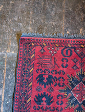 Load image into Gallery viewer, 3'1" x 4'9" - Vintage Afghan Tribal Hand-Knotted Wool Rug - Red &amp; Navy Medallion - 94 x 146 cm
