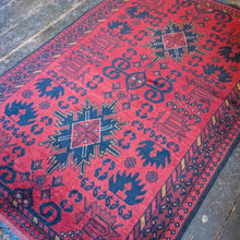 Load image into Gallery viewer, 3'1" x 4'9" - Vintage Afghan Tribal Hand-Knotted Wool Rug - Red &amp; Navy Medallion - 94 x 146 cm
