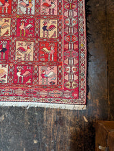 Load image into Gallery viewer, 3'11" x 6'6" - Vintage Anatolian Tribal Pictorial Hand-Knotted Wool Rug With Animal Motifs - Red &amp; Multi - 119 x 199 cm
