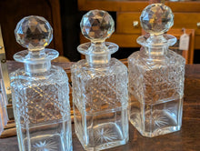 Load image into Gallery viewer, Antique Victorian Oak And Brass Tantalus With Three Cut-Glass Decanters, Working Lock Key - 35 x 33 cm
