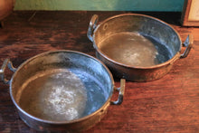 Load image into Gallery viewer, Pair Of Antique Copper Mini Pans With Riveted Handles Rustic Kitchenalia 10cm Diameter
