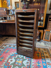 Load image into Gallery viewer, Antique Oak Tambour Filing Cabinet – Roll-Top Office Drawer Unit with Brass Fittings – 110 x 50 x 41 cm
