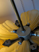 Load image into Gallery viewer, Vintage Art Deco Shell Flower Pendant Light With Frosted Glass Shades, 4-Light Brass Tone Chandelier
