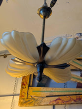 Load image into Gallery viewer, Vintage Art Deco Shell Flower Pendant Light With Frosted Glass Shades, 4-Light Brass Tone Chandelier
