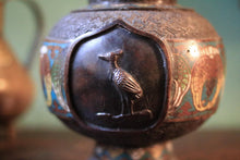 Load image into Gallery viewer, Antique Japanese Meiji Period Champlevé Enamel Vase With Bird Panel &amp; Elephant Band, Ring Handles, 21cm 8.27in
